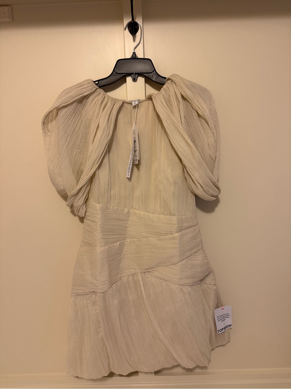 Topshop Ivory Puff-Sleeve Pleated Mini Dress / Size 14 NWT